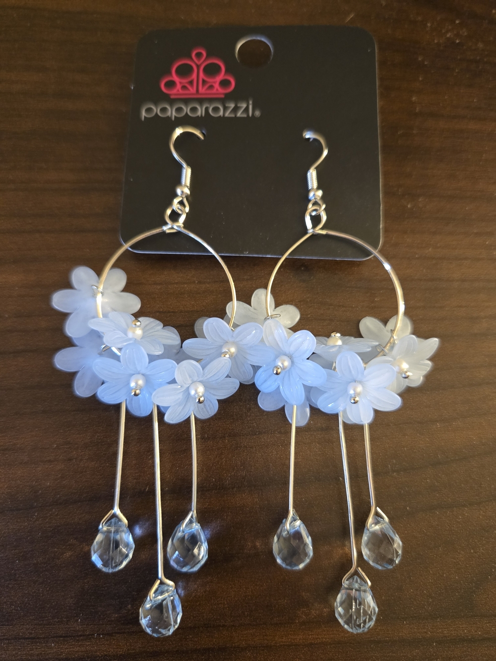 Paparazzi Light Blue Floral Hoop Drop Earrings with Crystal Teardrops